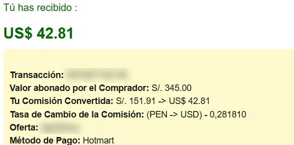 Comisión de Hotmart de 42,81 dólares
