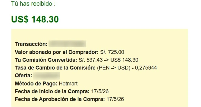 Comisión de Hotmart de 148,30 dólares