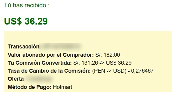 Comisión de Hotmart de 36,29 dólares