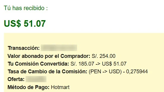 Comisión de Hotmart de 51,07 dólares