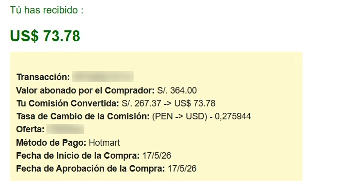 Comisión de Hotmart de 73,78 dólares