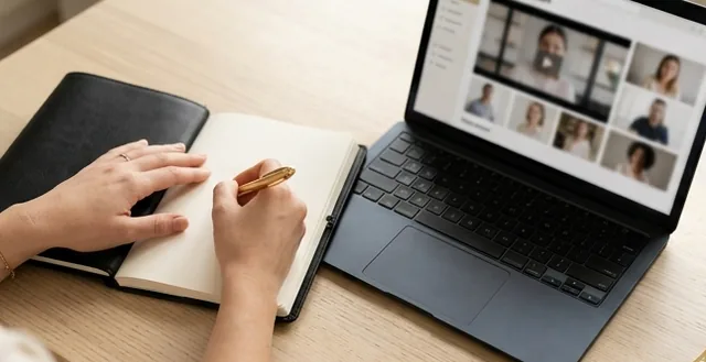 Manos tomando notas junto a una laptop con una clase en video