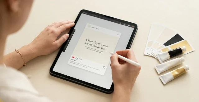 Manos diseñando una publicación en una tablet con muestras de color
