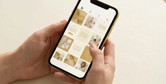 Manos sosteniendo un celular con un perfil de publicaciones ordenadas