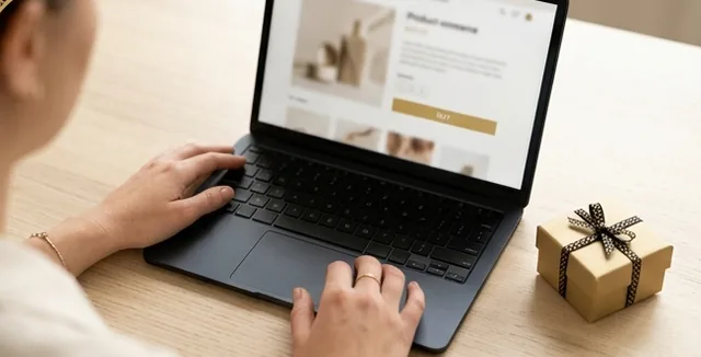 Manos en una laptop con una página de producto y una caja de regalo dorada al lado