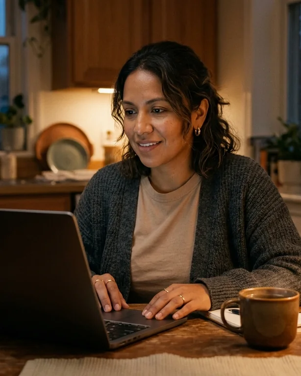 Mujer en la mesa de su cocina, de noche, trabajando con su laptop