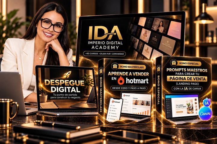 Margelys Melo junto a Despegue Digital en una laptop, la academia IDA en una pantalla y las cajas de los bonos