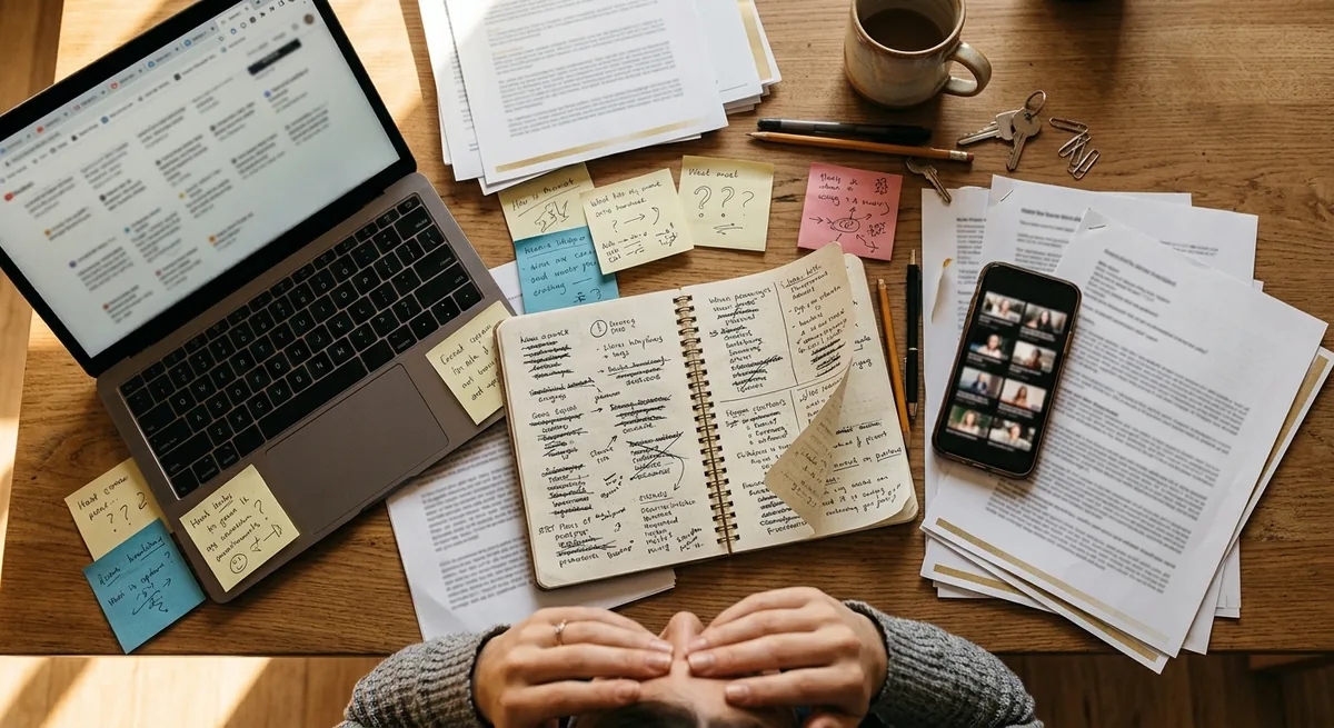 Escritorio desordenado con notas, papeles, una laptop y un celular lleno de videos guardados, y una mujer agobiada