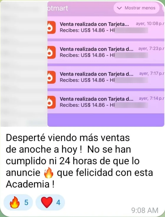 Notificaciones de venta de Hotmart y el mensaje: desperté viendo más ventas