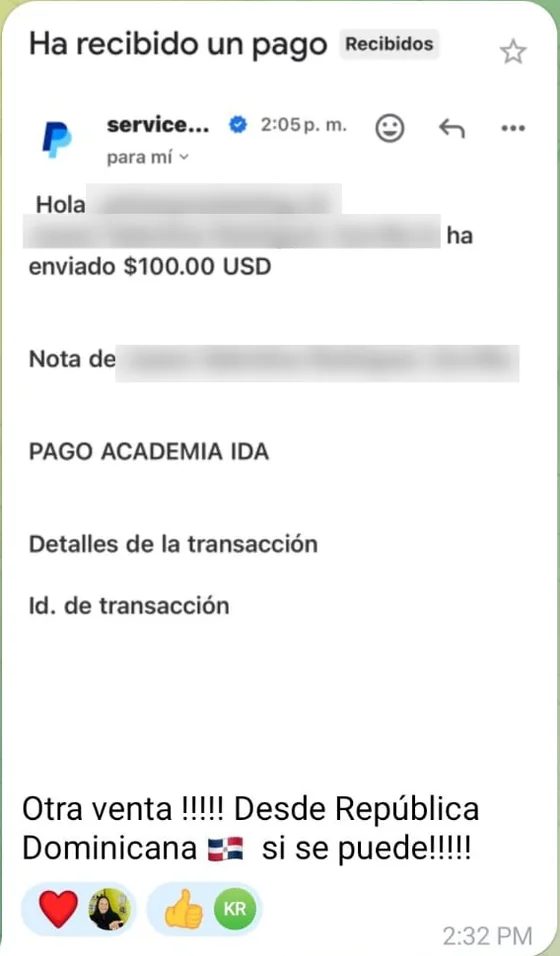 Pago de 100 dólares con la nota Pago Academia IDA