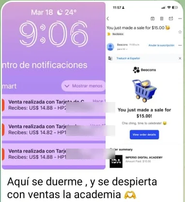 Notificaciones de venta y el mensaje: aquí se duerme y se despierta con ventas