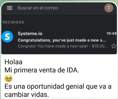 Correo de venta y el mensaje: mi primera venta de IDA