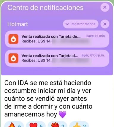 Notificaciones de Hotmart y el mensaje: con IDA se me está haciendo costumbre ver cuánto se vendió